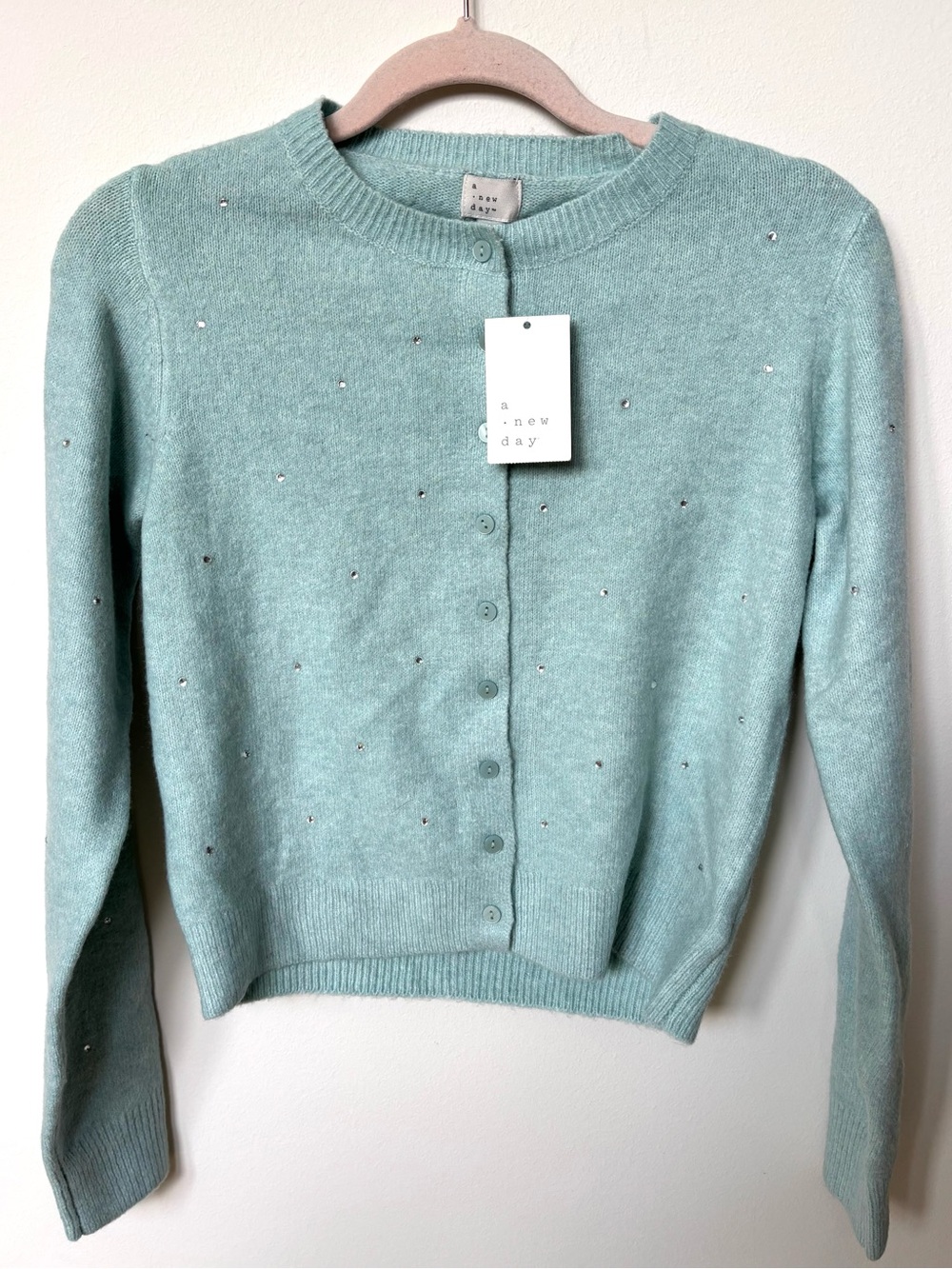 A New Day NWT light blue rhinestone cardigan sweater XS grannycore coquette cozy